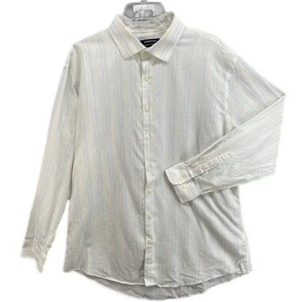 Nordstrom Shirts Mens 18 34 35 Trim Fit Non-Iron Striped Button Down Linen Blend
